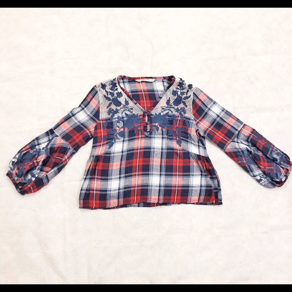 Zara Plaid Embroidered Lace Balloon Sleeve Top